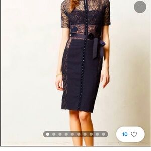 BEGUILE by BYRON LARS Navy Blue Carissima Lace Short Sleeve Sheath Dress 6.